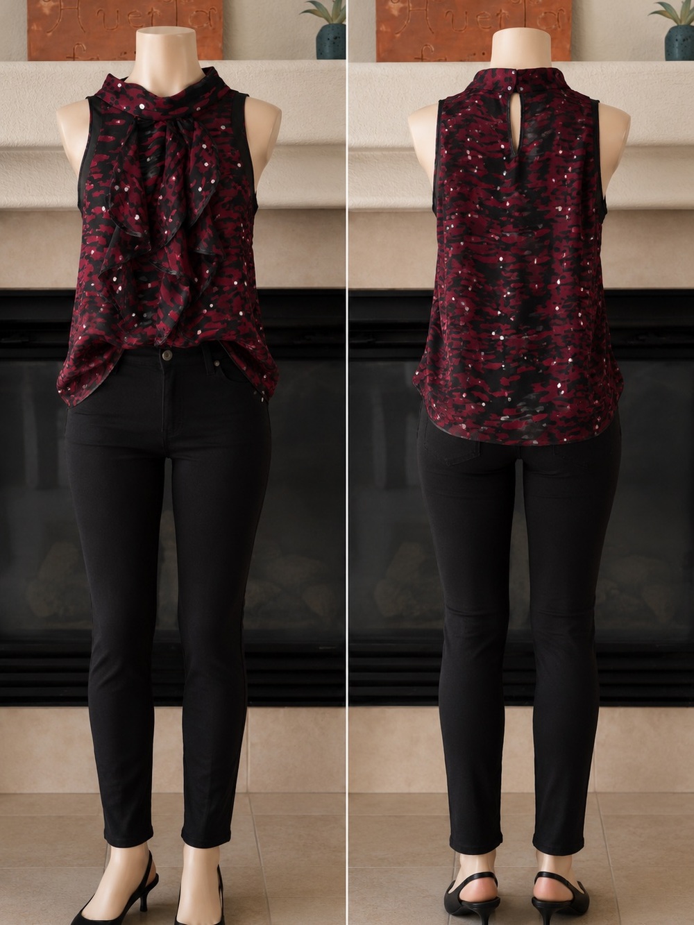 Vintage B WEAR Byer California Womens Large Red Black Ruffle Front Tank Blouse
